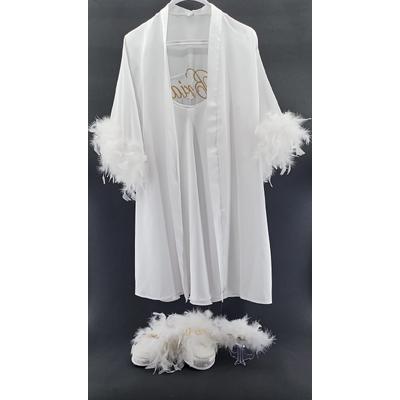 Bride Gold İşlemeli Tüylü Model Sabahlık / Gecelik Terlik Taç Seti