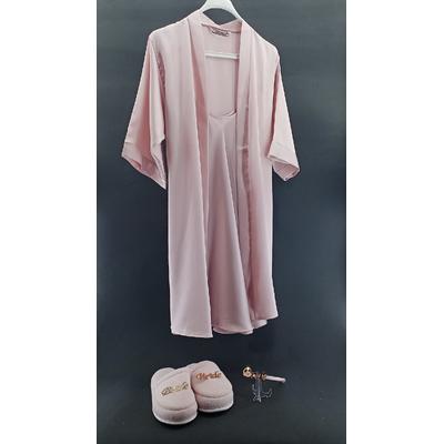 Bride Pembe Sade Nedime Model Sabahlık / Gecelik Terlik Taç Seti 