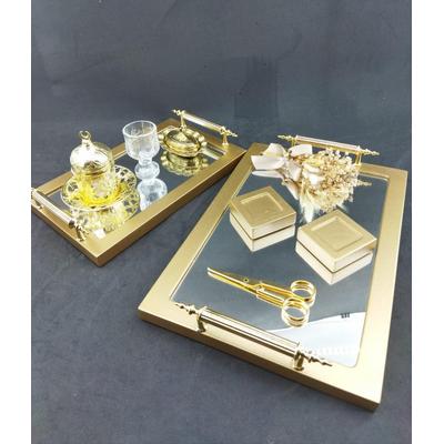 Gold Renk Dikdörtgen Ayna Detaylı Söz - Nişan Tepsisi  