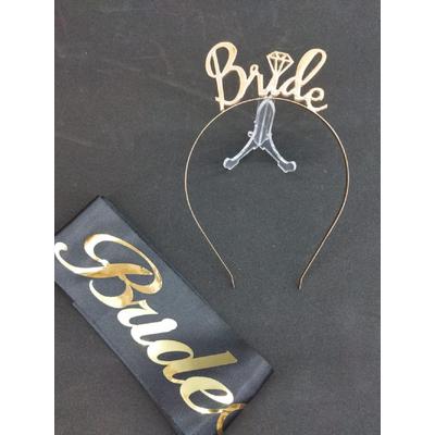 Gold Renk Taç Ve Siyah Kuşak Bride Seti