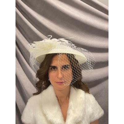 İngiliz Model Beyaz Çiçek İşlemeli File Deteylı Şık Şapka Vualet Nikah Kepi