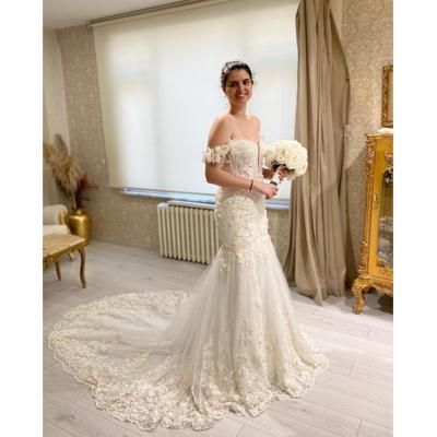 Romantik Fransız Dantel Dizaynlı Balık Gelinlik