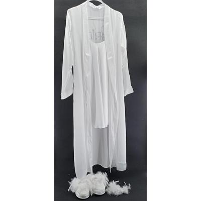 Gümüş Taşlı Tüysüz Uzun Model Bride Sabahlık / Gecelik Terlik Taç Seti